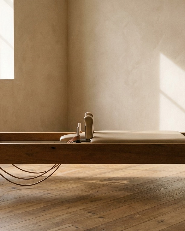 A wooden Pilates reformer in a sunlit studio